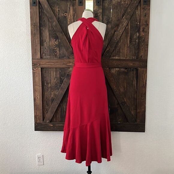 JASAMBAC Elegant Criss Cross Halter Neck Ruffle Hem Belted Bodycon Dress - Picture 9 of 14